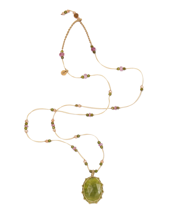 Collier Court Tibétain - Vésuvianite - Mix Tourmaline - Fil Beige