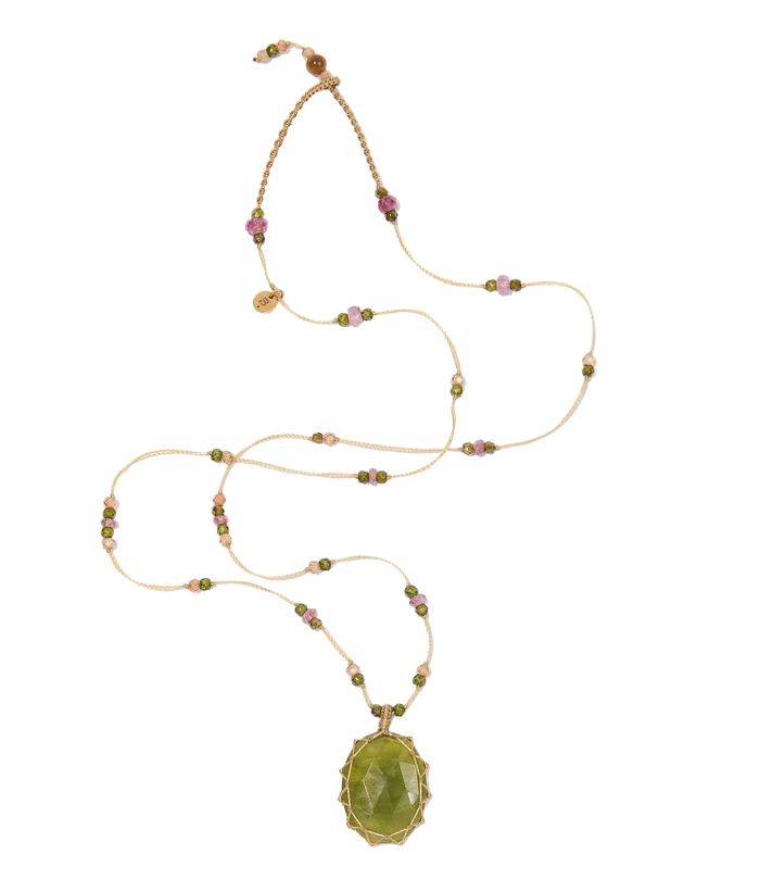 Collier Court Tibétain - Vésuvianite - Mix Tourmaline - Fil Beige