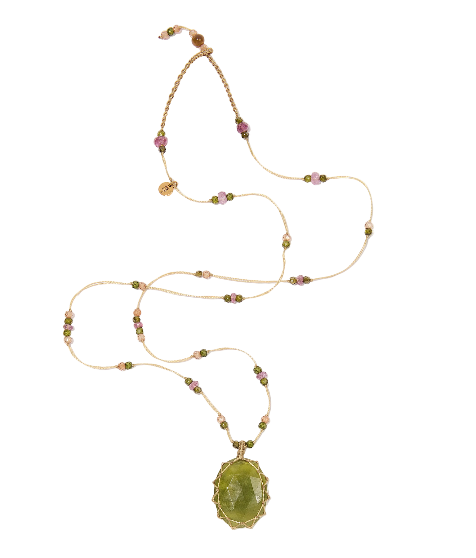 Collier Court Tibétain - Vésuvianite - Mix Tourmaline - Fil Beige