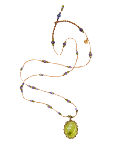 Collier Court Tibétain - Vésuvianite - Mix Tsavorit Purple - Fil Tabac