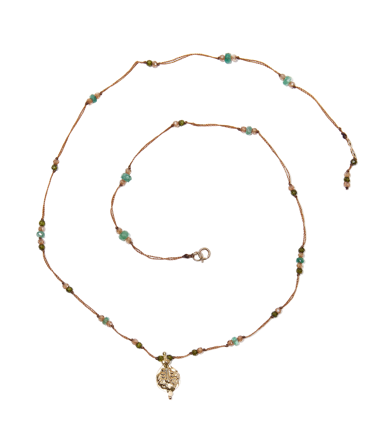Collier Goldie Sharing, perles or et pierres précieuses, fil tabac, 52 cm