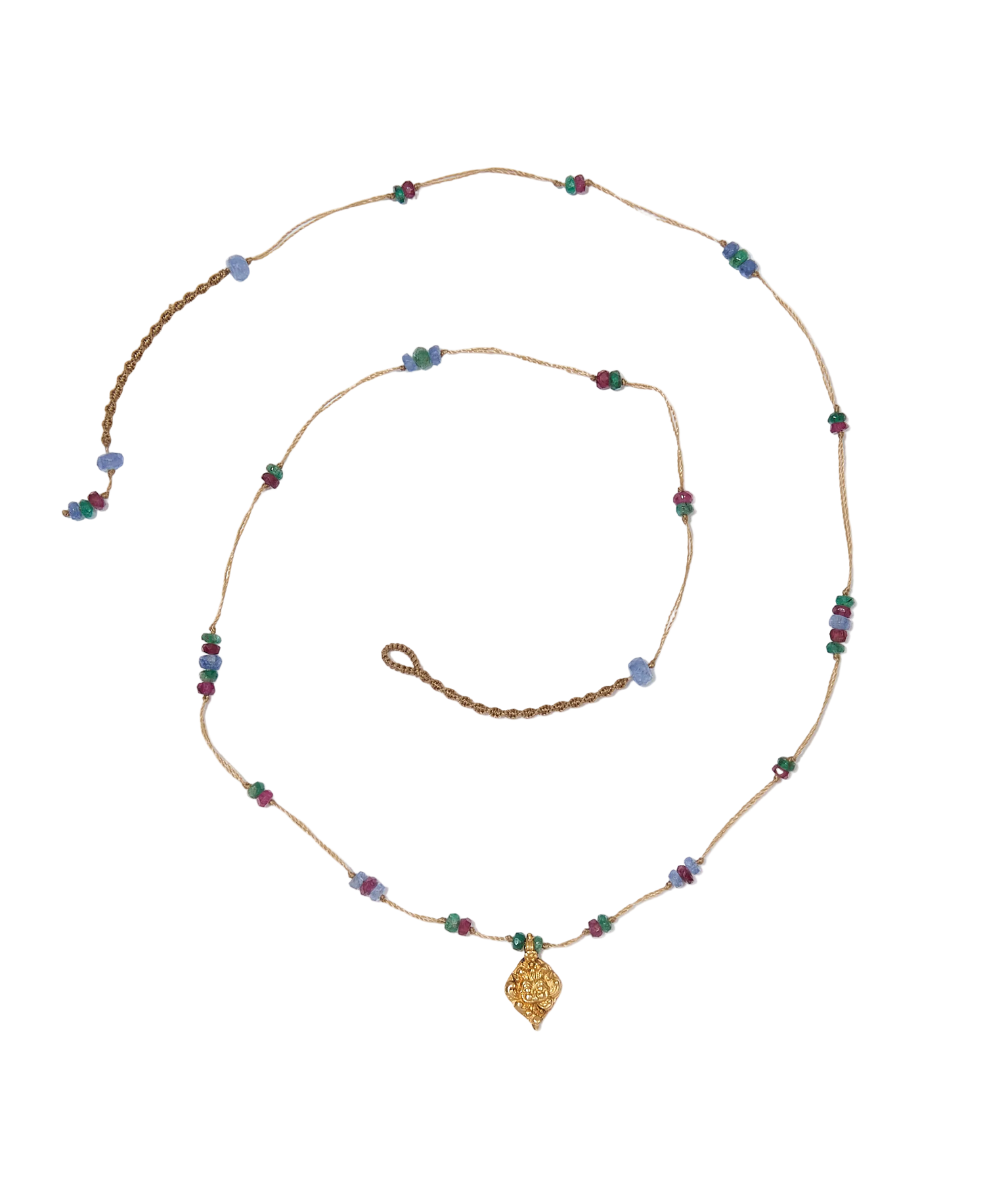 Collier Goldie Sharing, perles plaquées or et pierres précieuses, fil beige, 52 cm