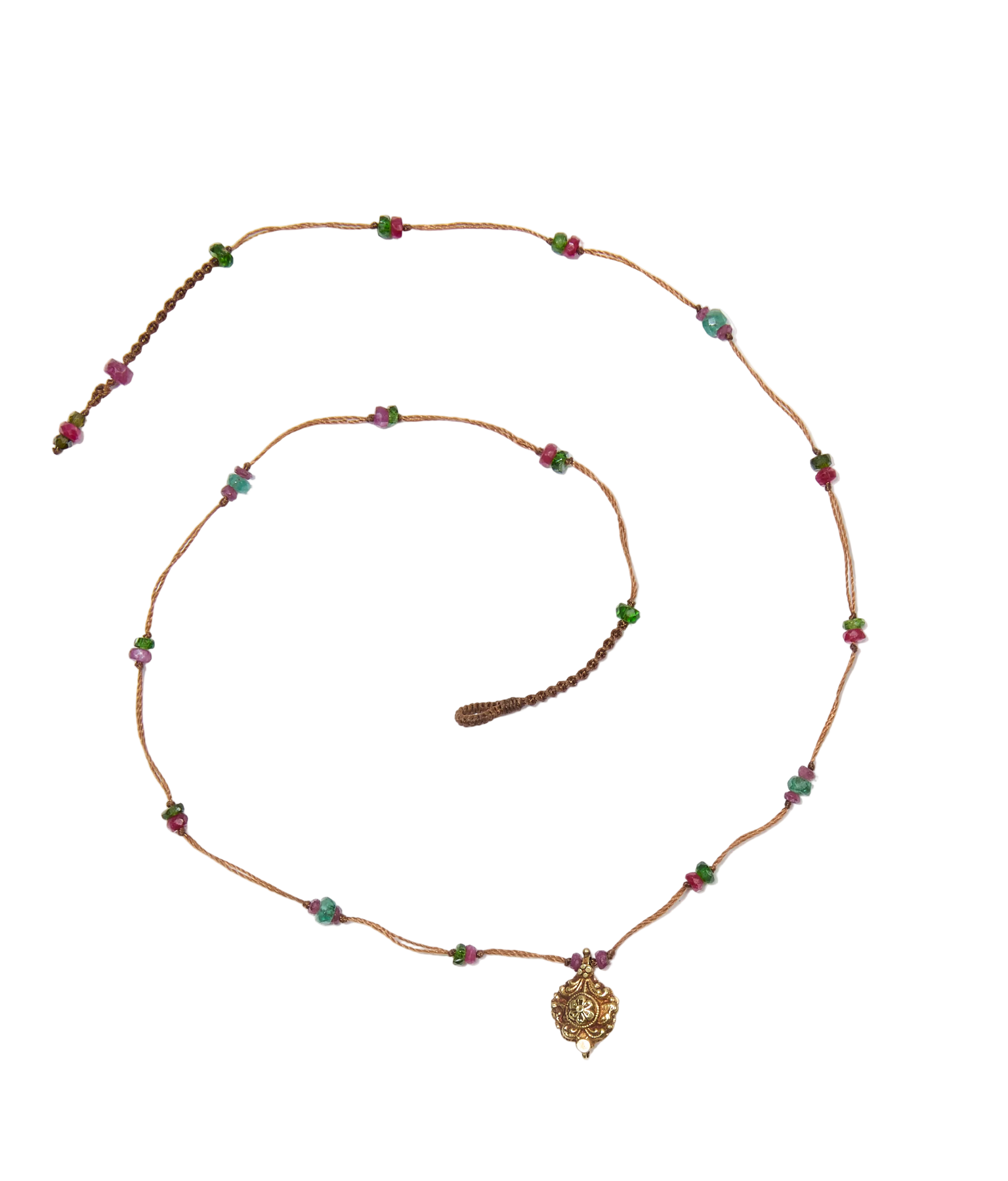 Collier Goldie Sharing, perles plaquées or et pierres précieuses, fil tabac, 52 cm