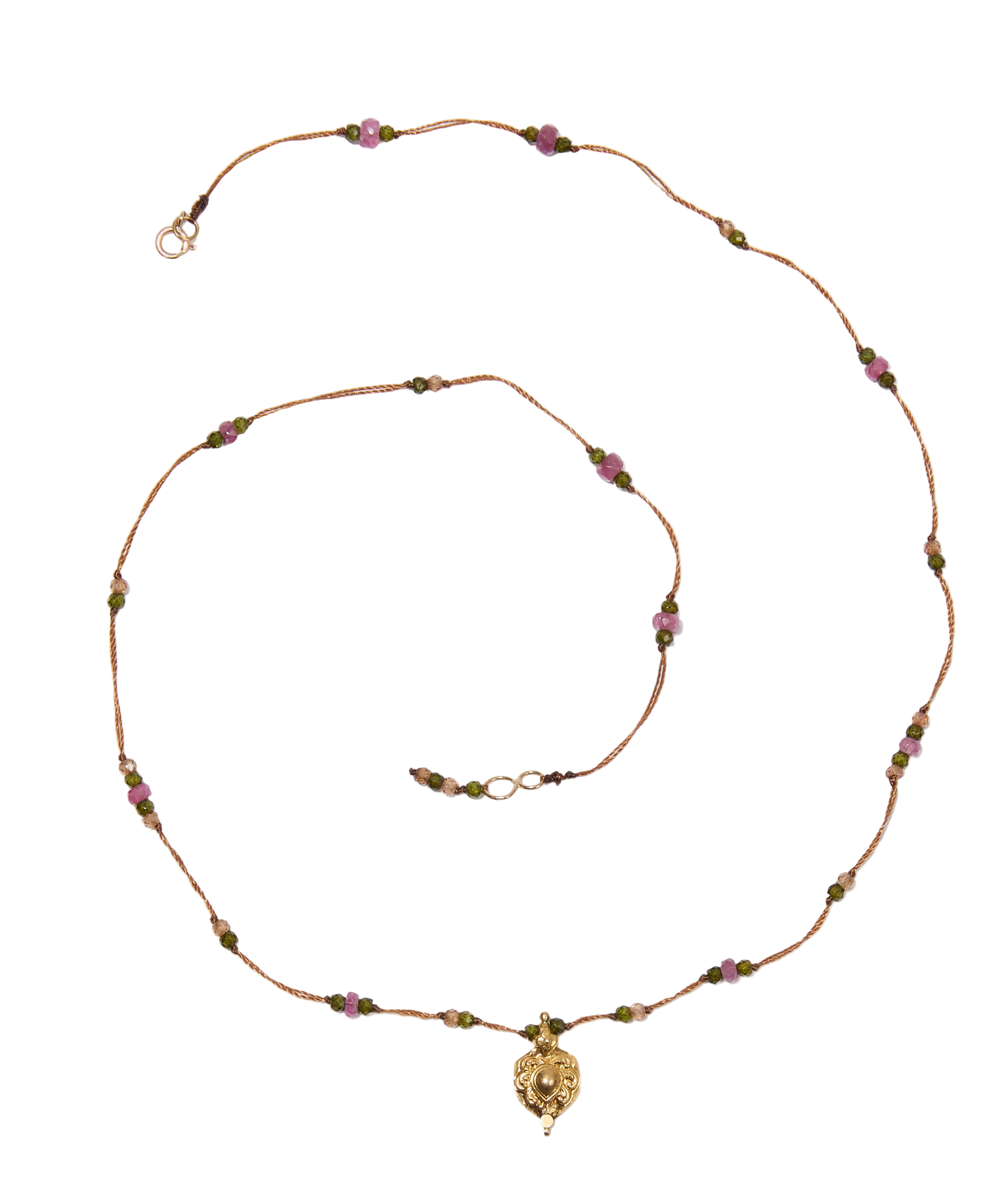 Collier Goldie Sharing, perles plaquées or et pierres précieuses, fil tabac, 52 cm