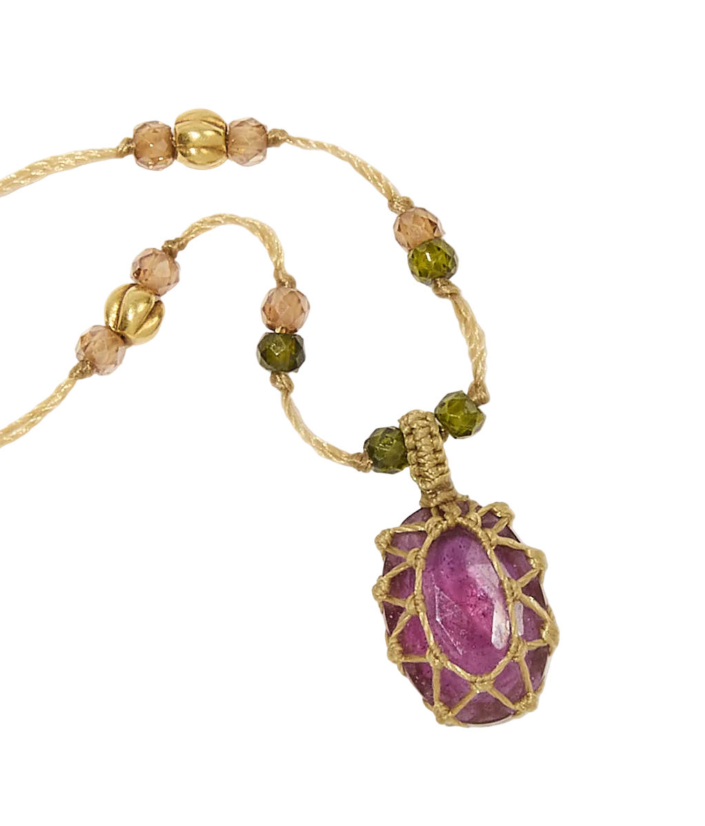 Collier tibétain So Precious - Corundum Rose Glassfield - Mix Emeraude - Fil Beige
