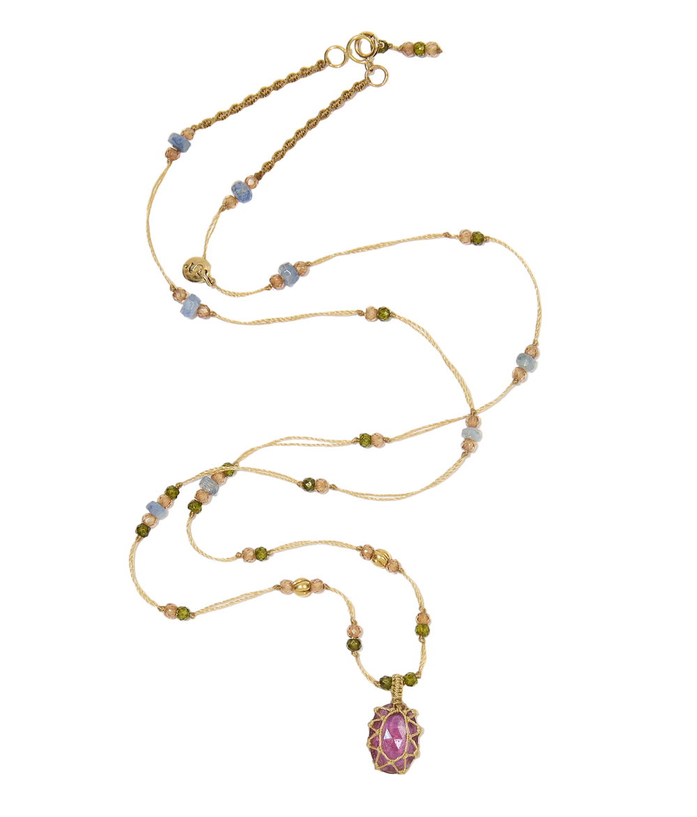 Collier tibétain So Precious - Corundum Rose Glassfield - Mix Emeraude - Fil Beige