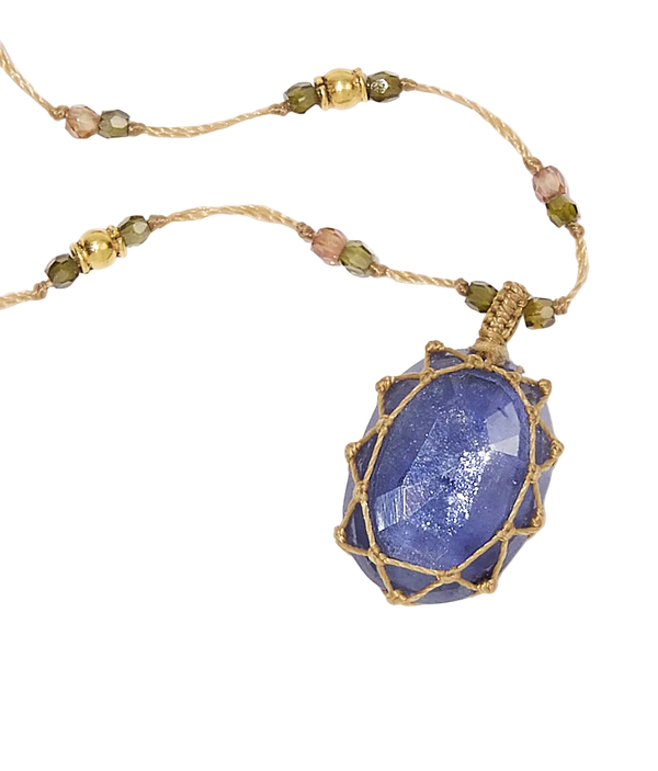 Collier tibétain So Precious - Corundum Bleu Glassfield - Mix Emeraude - Fil Beige