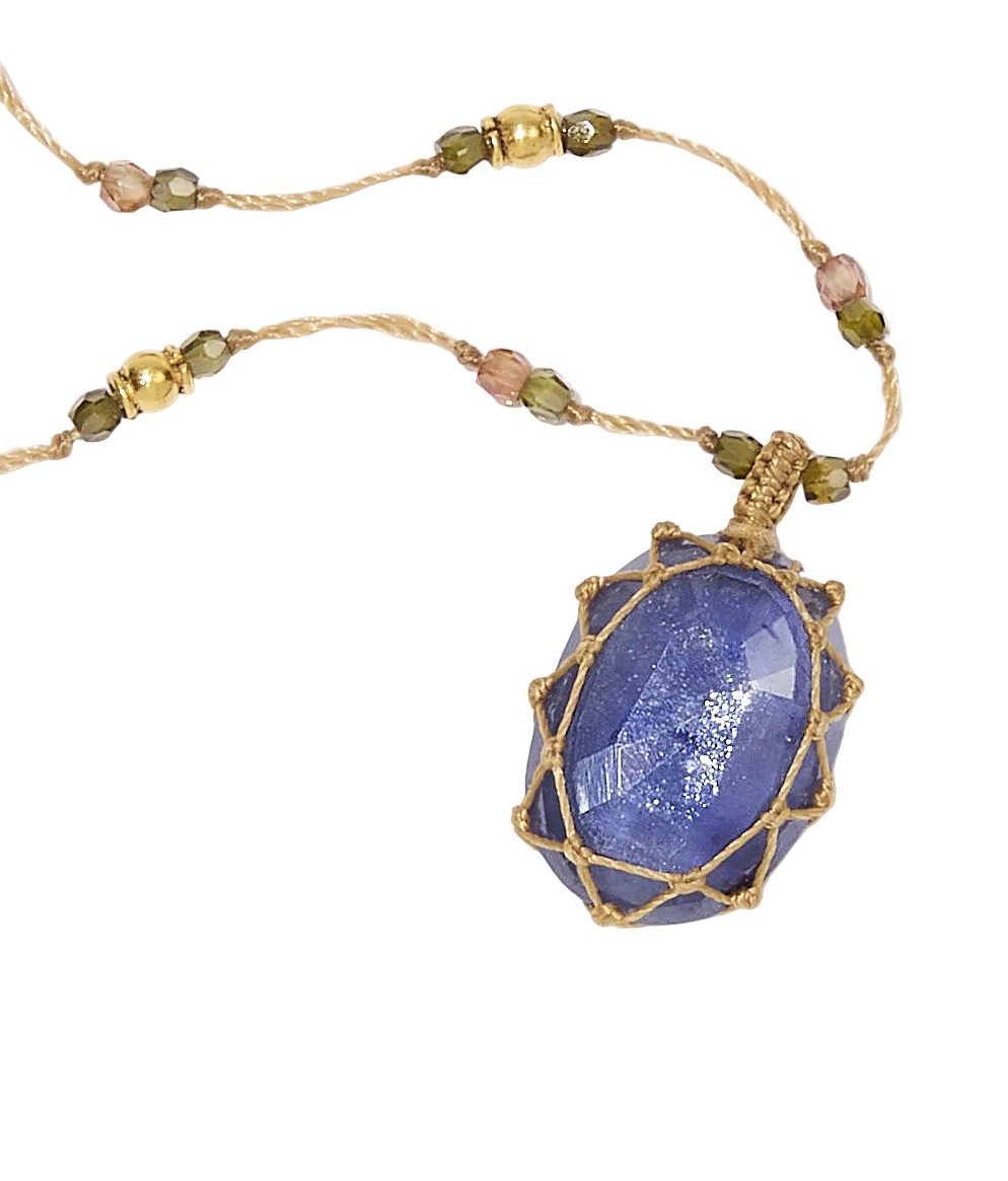 Collier tibétain So Precious - Corundum Bleu Glassfield - Mix Emeraude - Fil Beige