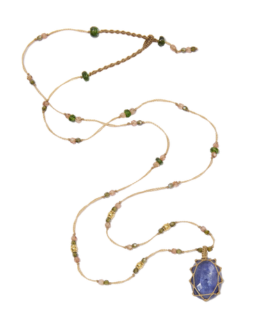 Collier tibétain So Precious - Corundum Bleu Glassfield - Mix Emeraude - Fil Beige