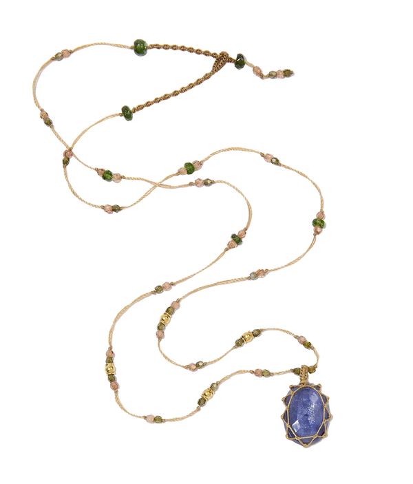 Collier tibétain So Precious - Corundum Bleu Glassfield - Mix Emeraude - Fil Beige