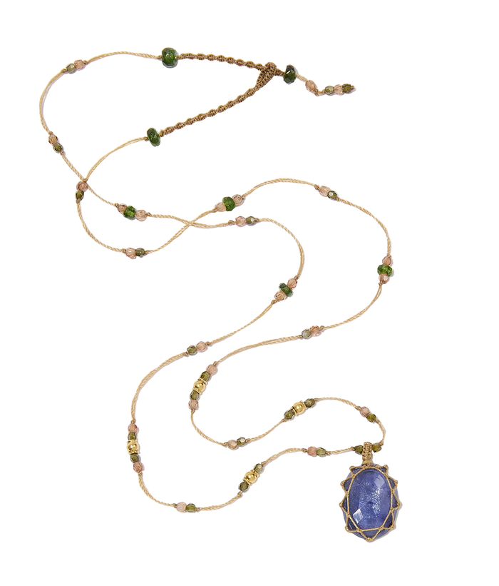 Collier tibétain So Precious - Corundum Bleu Glassfield - Mix Emeraude - Fil Beige