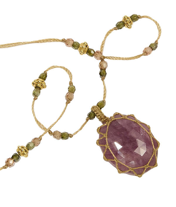 Collier So Precious | Saphir rose - Fil Beige & Tourmaline