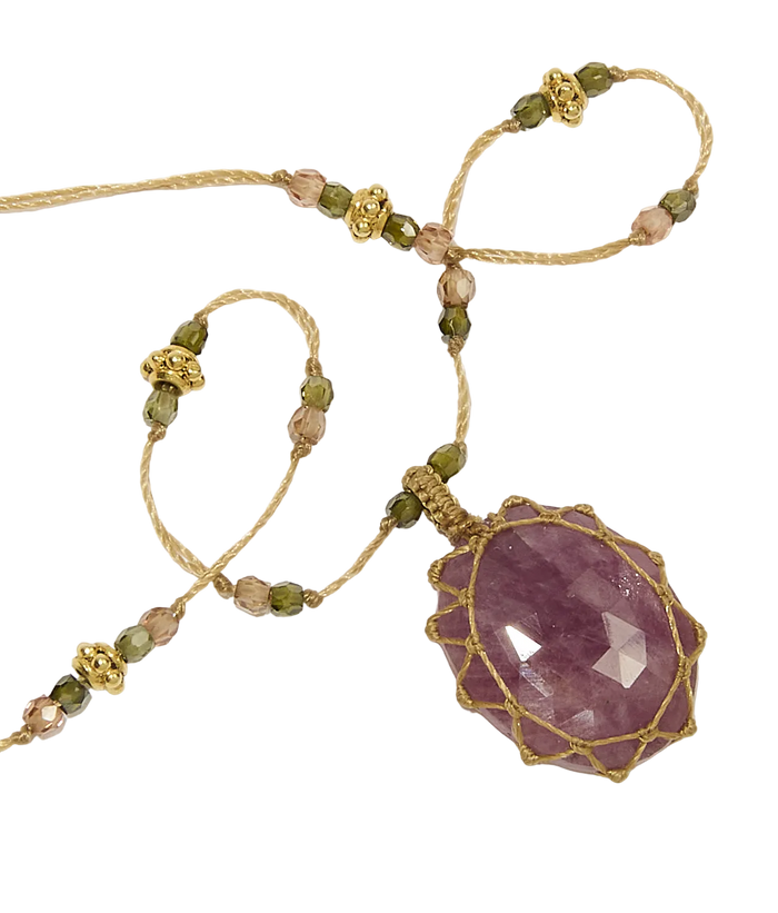 Collier So Precious | Saphir rose - Fil Beige & Tourmaline