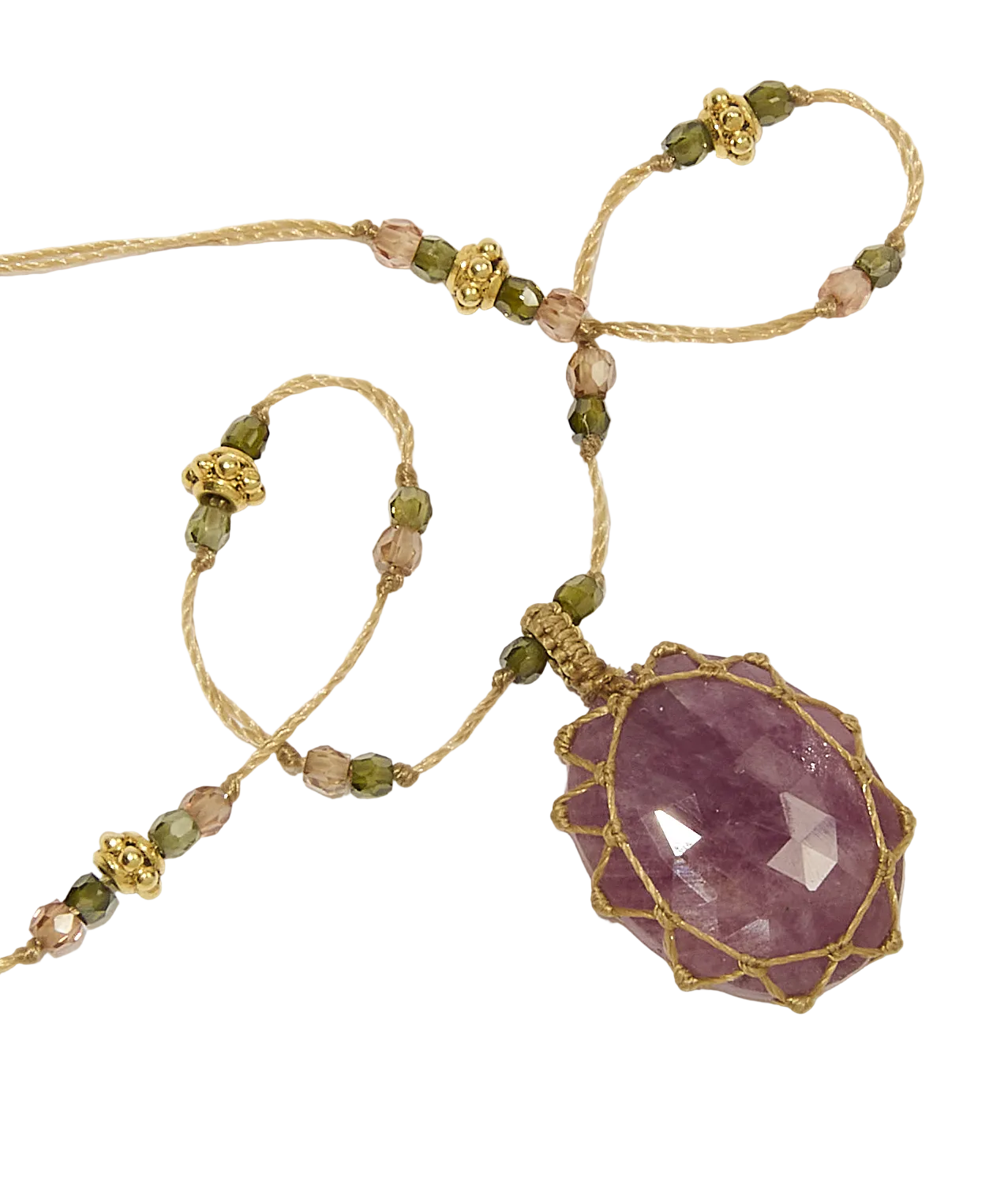 Collier So Precious | Saphir rose - Fil Beige & Tourmaline
