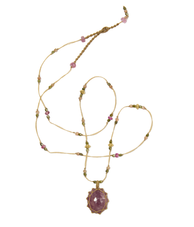 Collier So Precious | Saphir rose - Fil Beige & Tourmaline