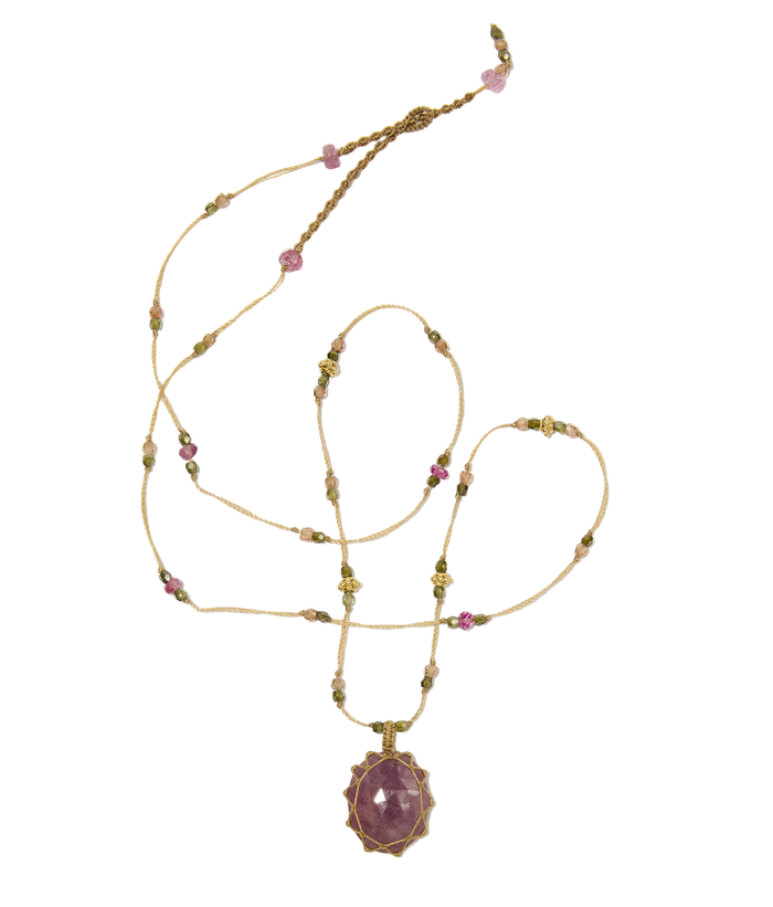 Collier So Precious | Saphir rose - Fil Beige & Tourmaline