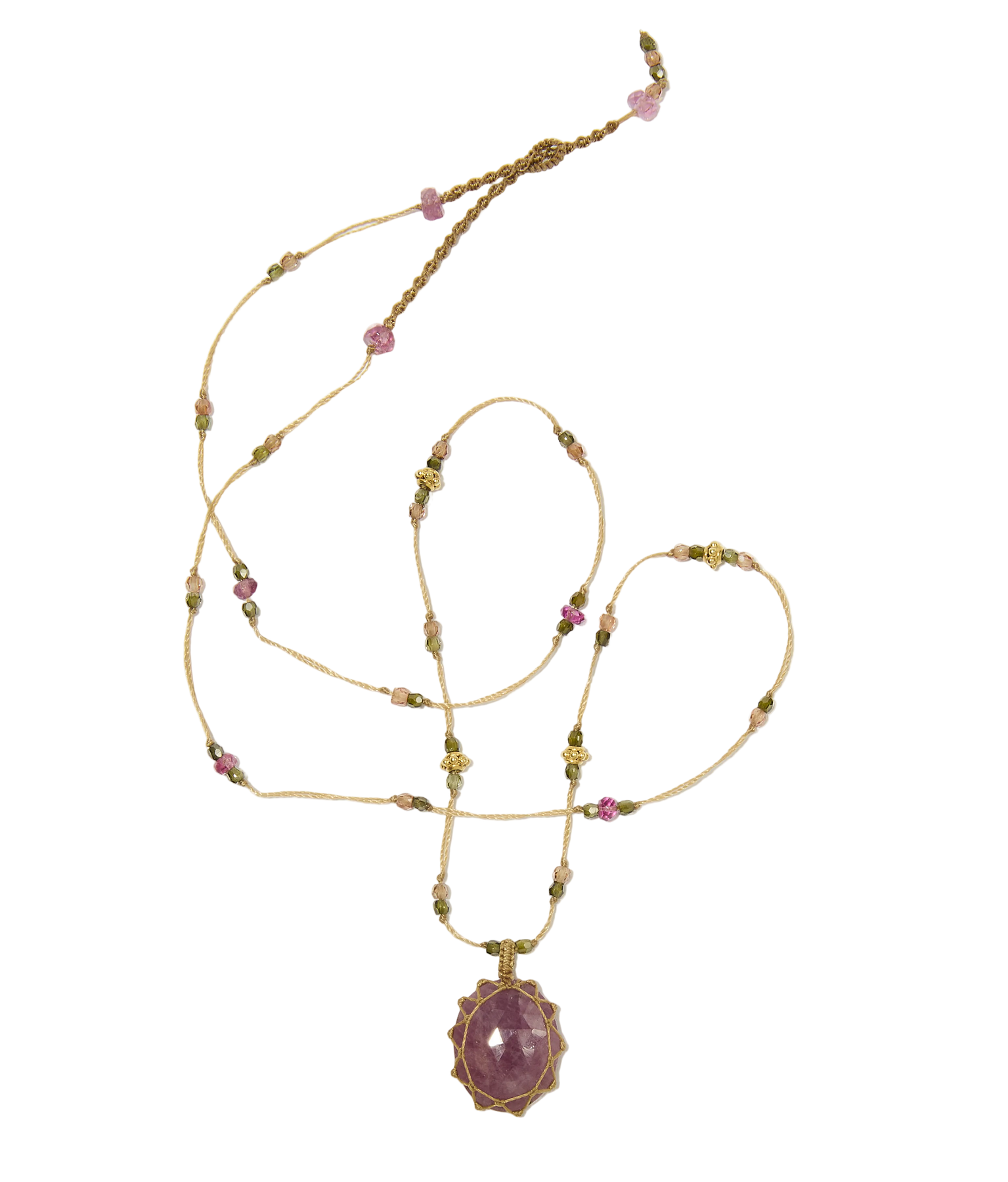 Collier So Precious | Saphir rose - Fil Beige & Tourmaline