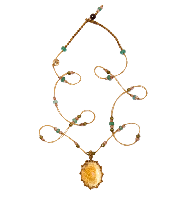 Collier court Tibétain - Citrine - Mix Émeraude - Fil Beige