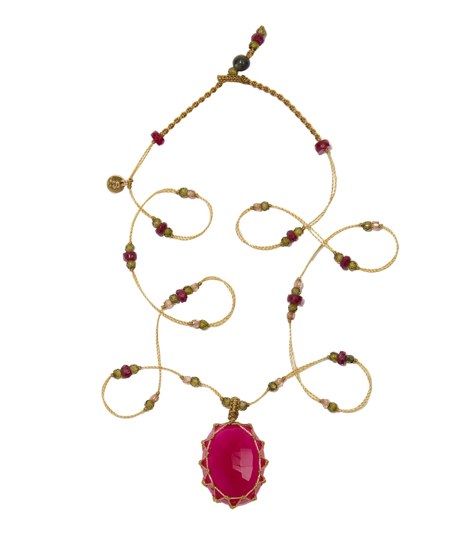 Collier court tibétain - Calcédoine rose - Mix Tourmaline - Fil Beige
