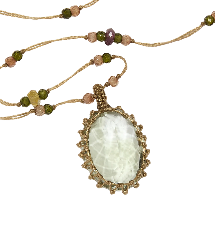 Collier court tibétain - Améthyste verte - Mix Tourmaline - Fil Beige