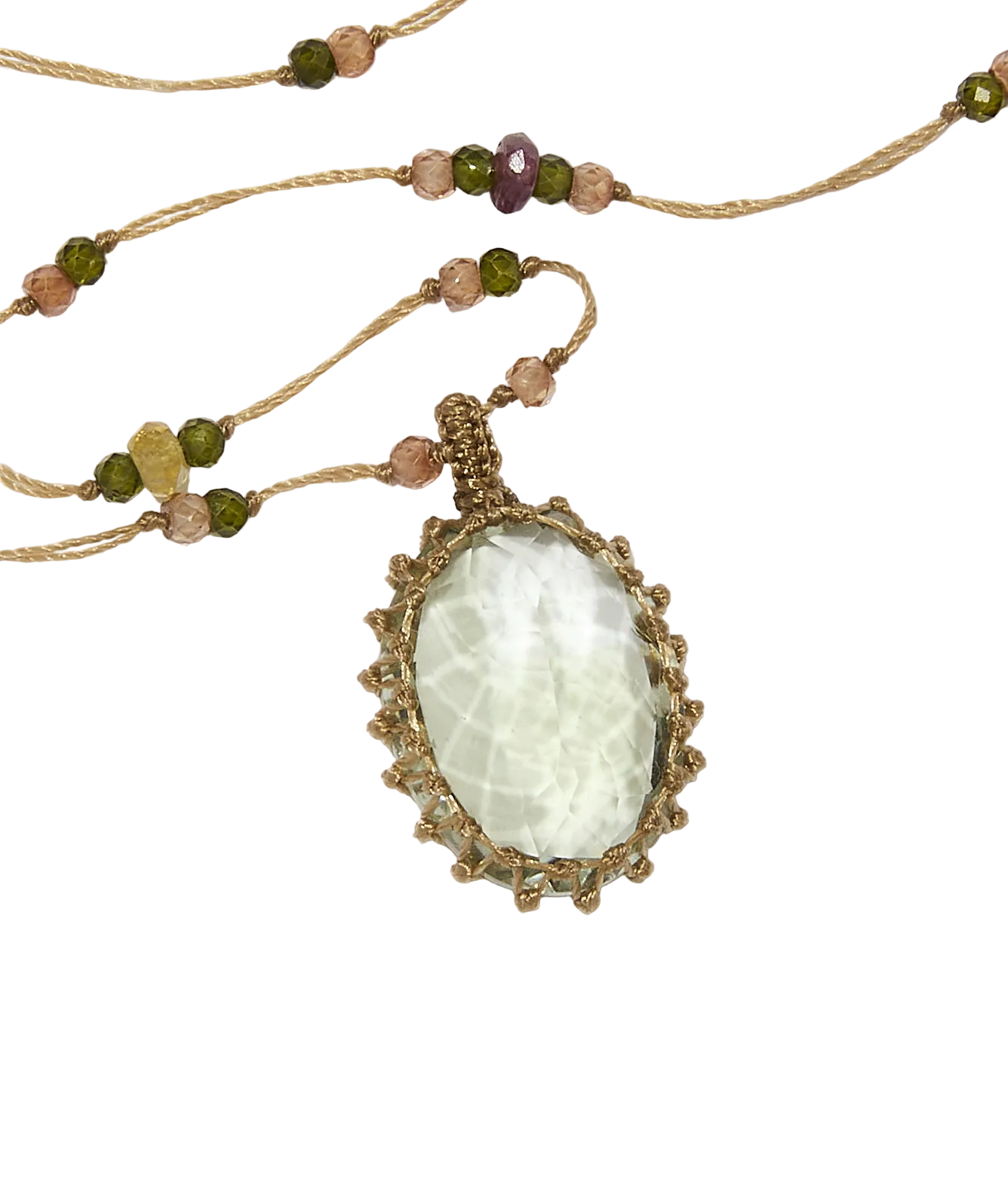 Collier court tibétain - Améthyste verte - Mix Tourmaline - Fil Beige