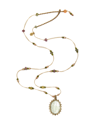 Collier court tibétain - Améthyste verte - Mix Tourmaline - Fil Beige