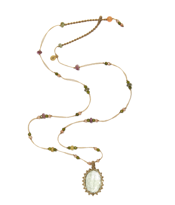 Collier court tibétain - Améthyste verte - Mix Tourmaline - Fil Beige