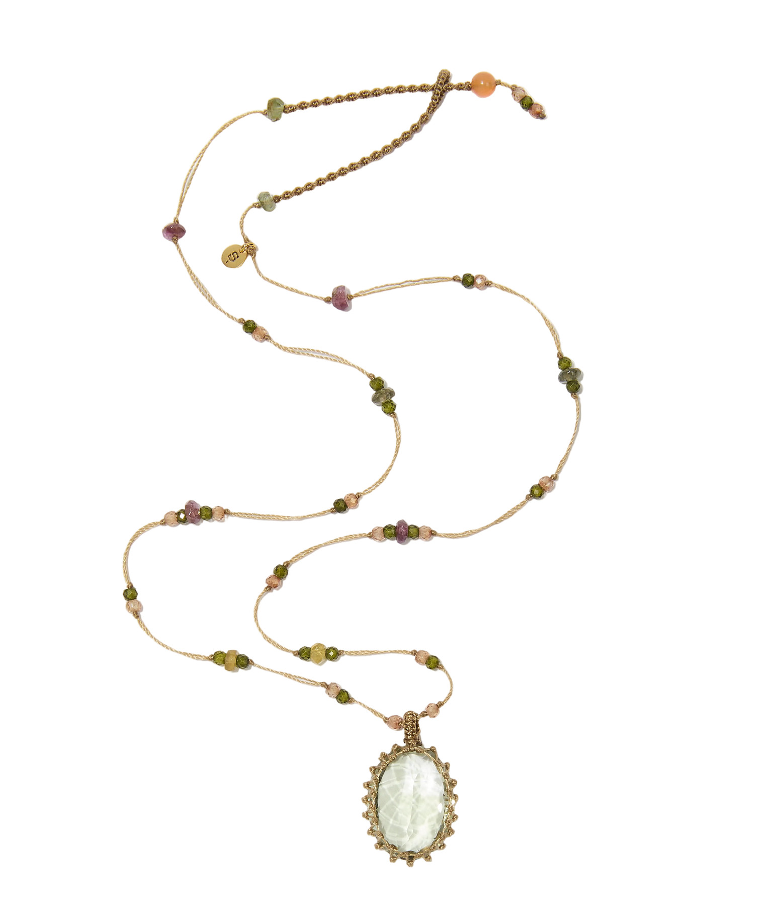 Collier court tibétain - Améthyste verte - Mix Tourmaline - Fil Beige