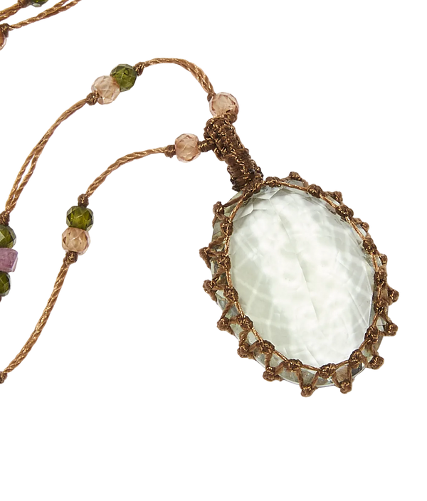 Collier court tibétain - Améthyste verte - Mix Tourmaline - Fil Tabac