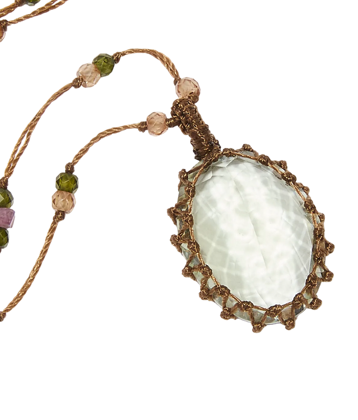 Collier court tibétain - Améthyste verte - Mix Tourmaline - Fil Tabac