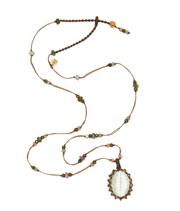 Collier court tibétain - Améthyste verte - Mix Tourmaline - Fil Tabac