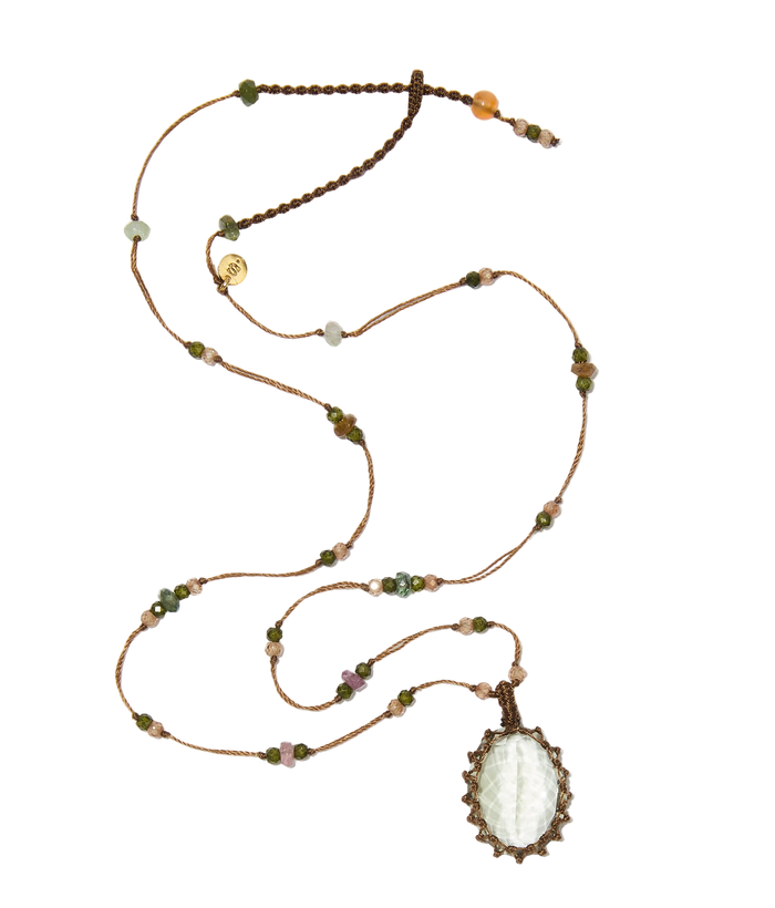 Collier court tibétain - Améthyste verte - Mix Tourmaline - Fil Tabac