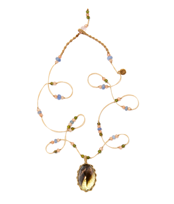 Collier court tibétain - Bio Lemon - Mix Saphir - Fil Beige