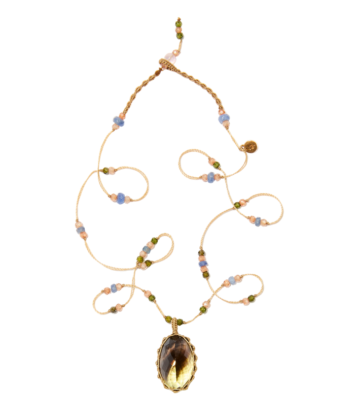 Collier court tibétain - Bio Lemon - Mix Saphir - Fil Beige