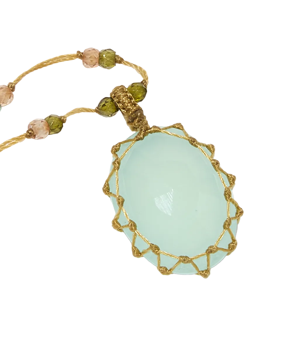 Collier court tibétain - Calcédoine bleue - Mix Emeraude - Fil Beige