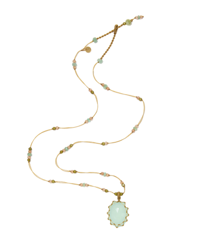 Collier court tibétain - Calcédoine bleue - Mix Emeraude - Fil Beige