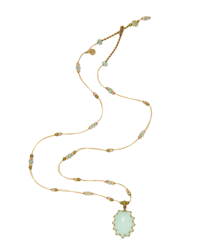 Collier court tibétain - Calcédoine bleue - Mix Emeraude - Fil Beige
