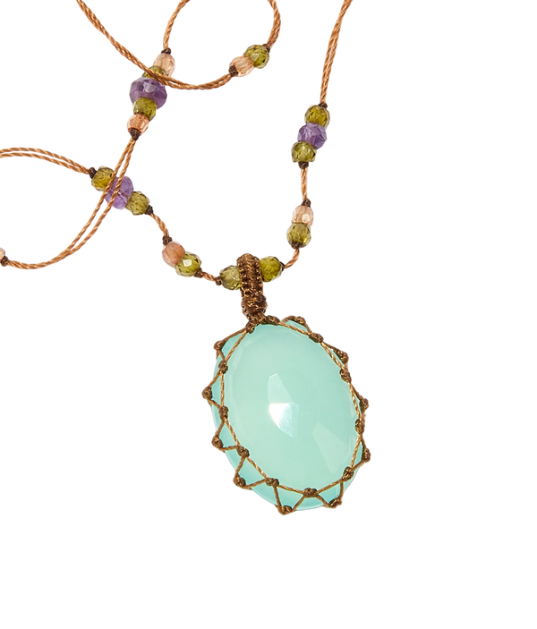 Collier court tibétain - Calcédoine bleue - Mix améthyste - Fil Tabac