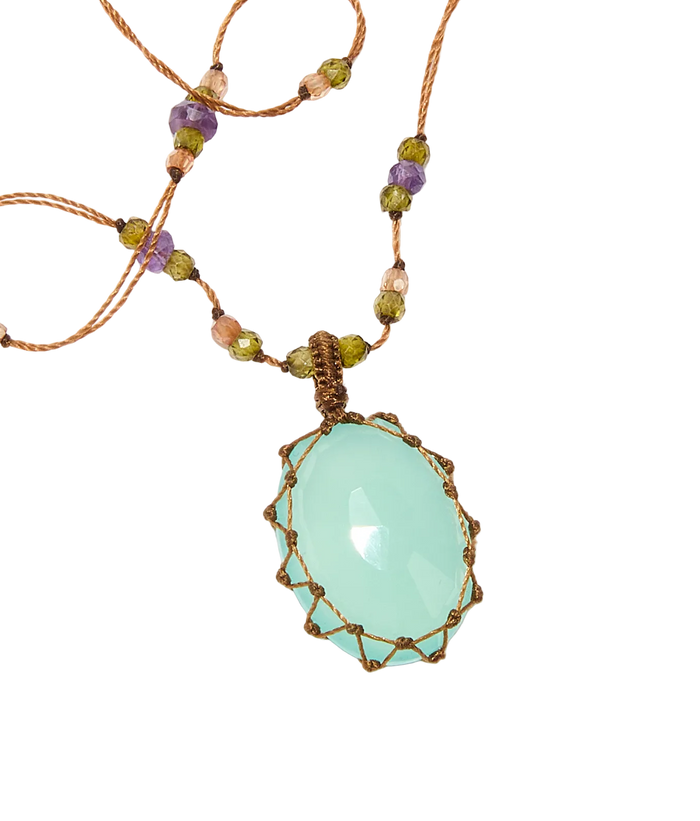 Collier court tibétain - Calcédoine bleue - Mix améthyste - Fil Tabac