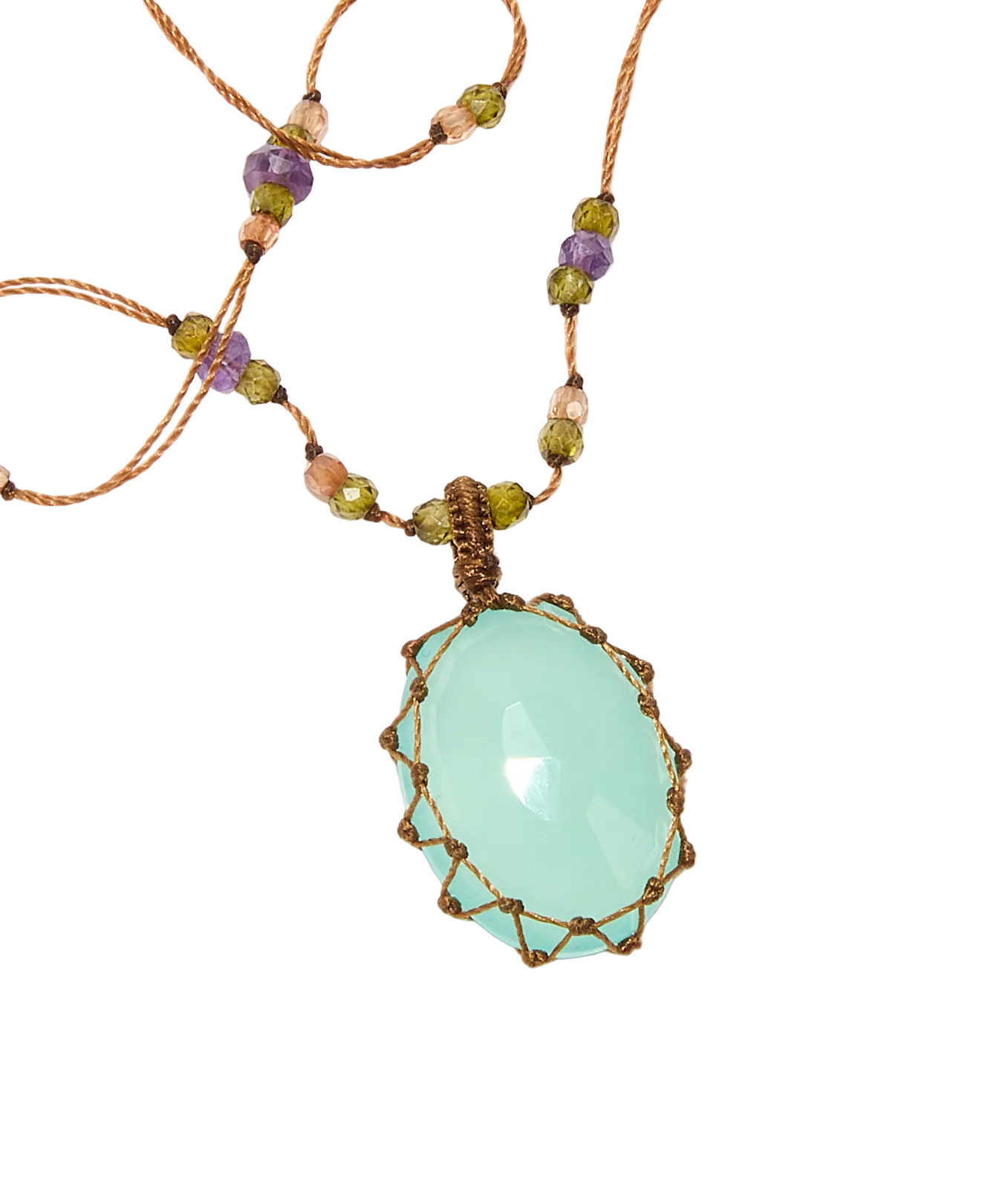 Collier court tibétain - Calcédoine bleue - Mix améthyste - Fil Tabac