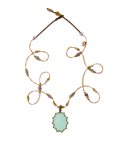 Collier court tibétain - Calcédoine bleue - Mix améthyste - Fil Tabac