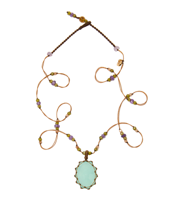Collier court tibétain - Calcédoine bleue - Mix améthyste - Fil Tabac