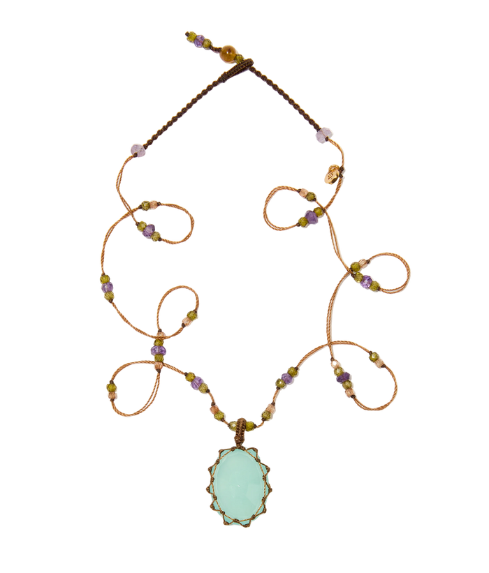 Collier court tibétain - Calcédoine bleue - Mix améthyste - Fil Tabac
