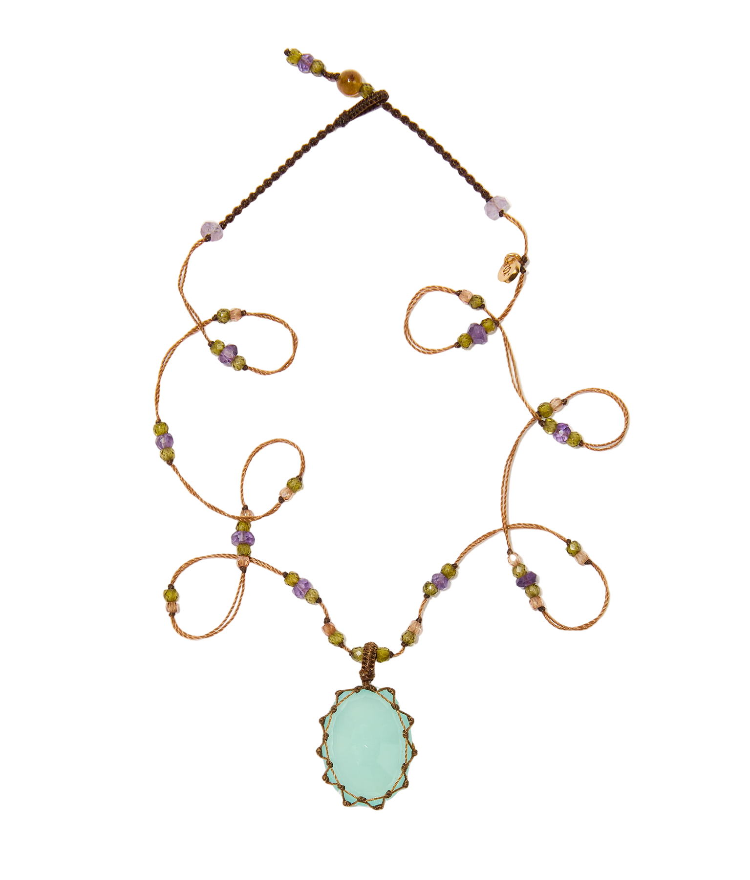 Collier court tibétain - Calcédoine bleue - Mix améthyste - Fil Tabac