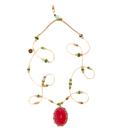 Collier court tibétain - Calcédoine rose - Mix Emeraude - Fil Beige