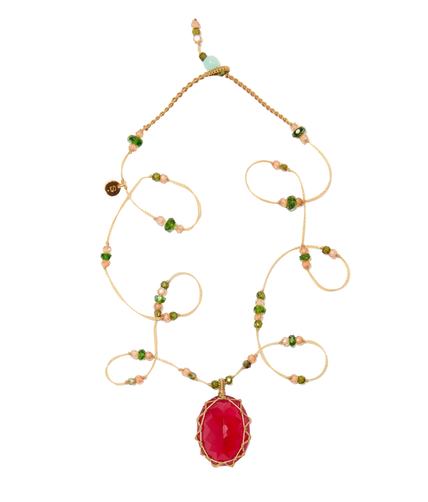 Collier court tibétain - Calcédoine rose - Mix Emeraude - Fil Beige