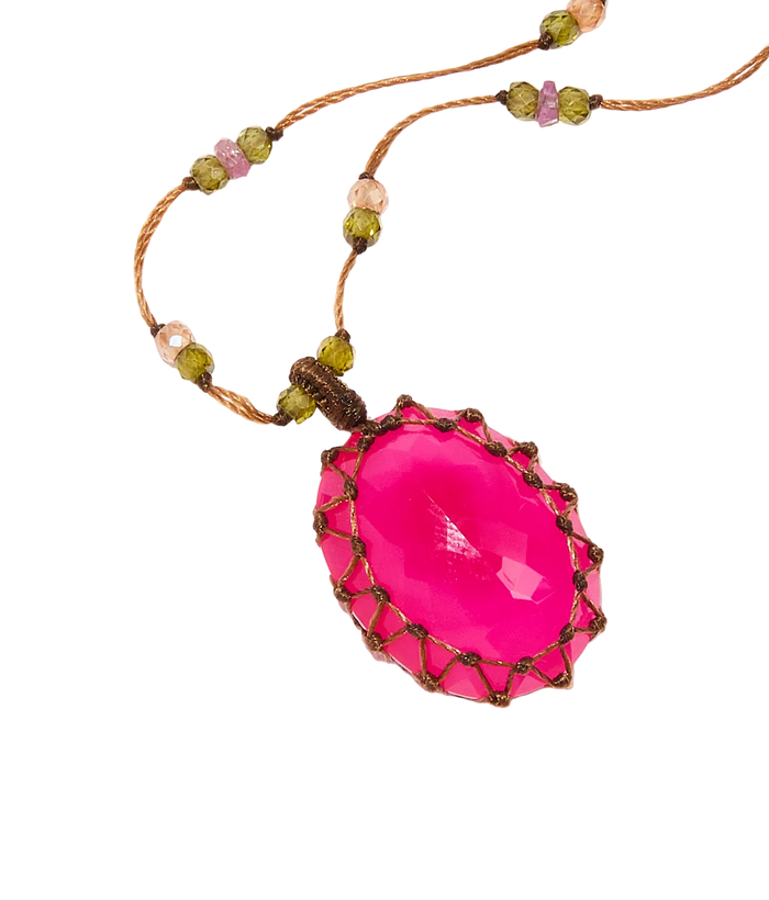 Collier court tibétain - Calcédoine rose - Mix Tourmaline - Fil Tabac