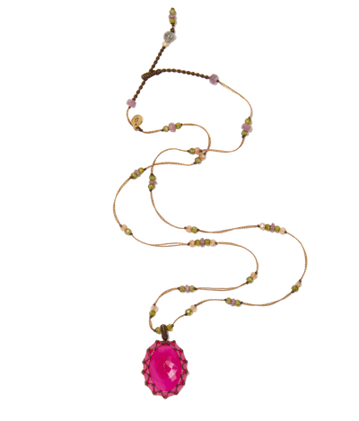 Collier court tibétain - Calcédoine rose - Mix Tourmaline - Fil Tabac