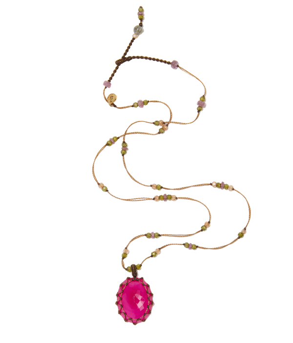 Collier court tibétain - Calcédoine rose - Mix Tourmaline - Fil Tabac