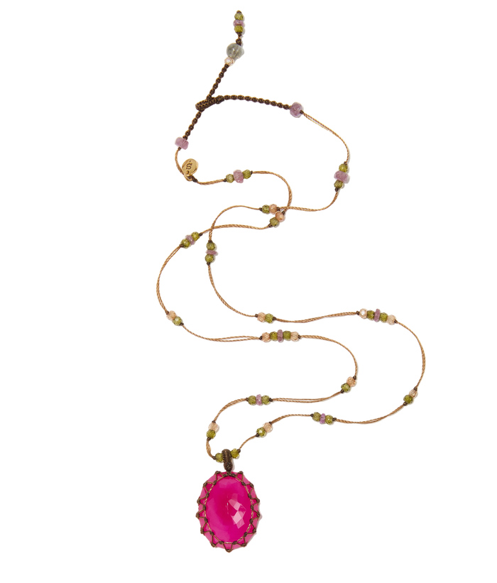 Collier court tibétain - Calcédoine rose - Mix Tourmaline - Fil Tabac